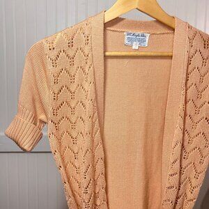 Vintage Pink Peach Open Knit Short Sleeve Cardigan Sweater Tie Belt Pockets